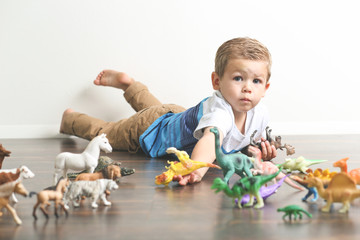 Little boy playing with dinosaur and animal action toys at home