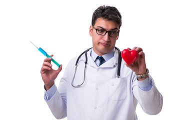 Young male cardiologist doctor holding a heart isolated on white