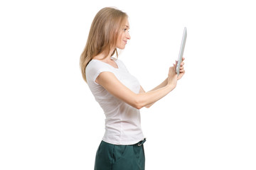Fototapeta premium Beautiful young girl with tablet