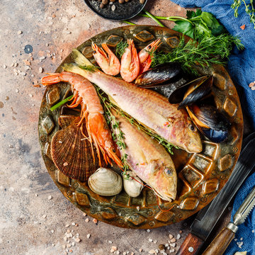 Fish, shrimp, clams on plate