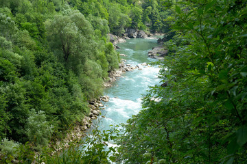 Top view of mountain river in forest