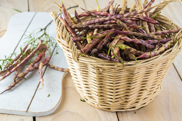 Wild mesquite beans in basket.