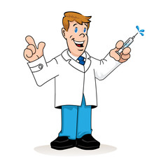 Illustration depicting a Caucasian man in a lab coat, doctor, teacher or pharmacist with a syringe in his hand. Ideal for institutional, training and institutional materials