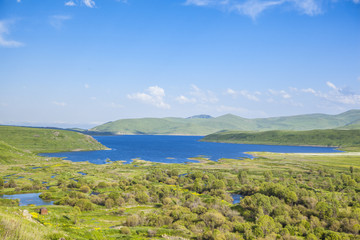 Fototapeta na wymiar beautiful lake with green forest