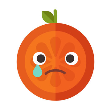 Tears crying emoji. Crying orange fruit emoji with tears. Vector flat design emoticon icon isolated on white background.