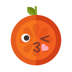 Kiss emoji. Kissing orange fruit emoji with heart. Vector flat design emoticon icon isolated on white background.