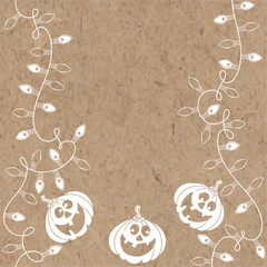  Halloween background with cute ghosts and pumpkins. Vector illustration with place for text on kraft paper. Can be greeting card, invitation or design element.