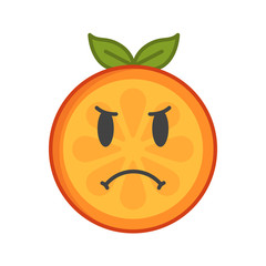 Angry face emoji. Angry orange fruit emoji. Vector flat design emoticon icon isolated on white background.