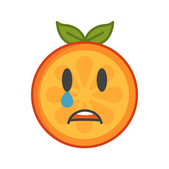 Tears crying emoji. Crying orange fruit emoji with tears. Vector flat design emoticon icon isolated on white background.