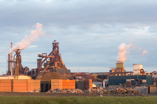 Old steel factory with smokestacks