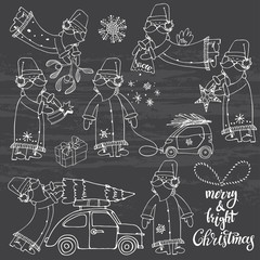 Santa Claus (seven characters). Vector sketch collection chalk on blackboard. Hand-drawn festive Christmas elements. Isolated vector objects.