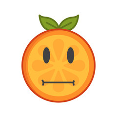 No words straight face emoji. No words feeling orange fruit emoji. Vector flat design emoticon icon isolated on white background.
