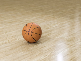 Basketball court wooden floor with ball isolated on black with copy-space