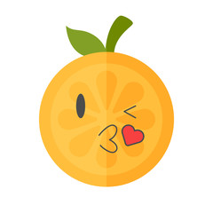 Kiss emoji. Kissing orange fruit emoji with heart. Vector flat design emoticon icon isolated on white background.