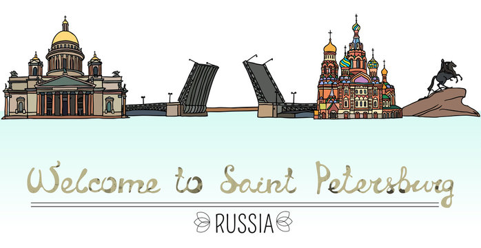 Set of the landmarks of Saint Petersburg, Russia. Vector Illustration. Russian architecture. Color silhouettes of famous buildings located in St. Petersburg.