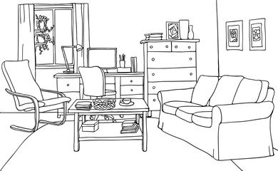 Vector illustration of modern living room with furniture: table, sofa, armchair, desk with computer, window, pots, carpet. Black and white contour drawing.