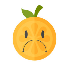 Sad emoji. Sad despondent orange fruit emoji feeling like crying. Vector flat design emoticon icon isolated on white background.