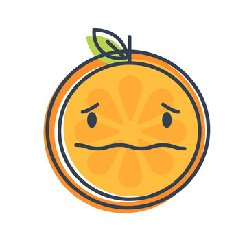 Worry emoji. Worrying orange fruit emoji with drop of sweat. Vector flat design emoticon icon isolated on white background.