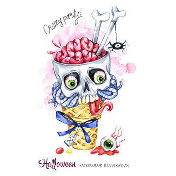Watercolor illustration. Halloween holidays card. Hand painted waffle cone, skull with brains and worms. Funny ice cream dessert. Poisonous treat. Magic, symbol of horror.