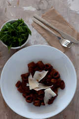 food plate of pasta, ricotta, pesto and basil