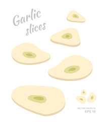 Vector illustration of falling Garlic slices isolated on white background. A cut rings of fresh ripe vegetables. Spices and condiments. Natural eco product