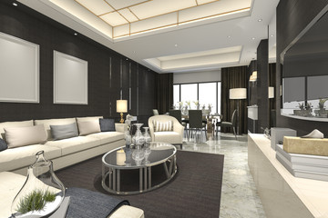 3d rendering luxury and modern living room and dining room