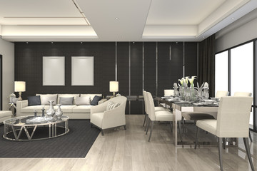 3d rendering luxury and modern living room and dining room