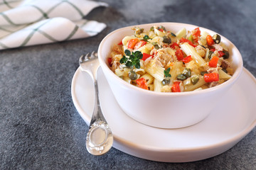 Pasta penne with with tuna, bell pepper and cappers