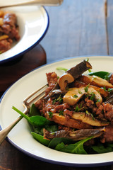 Fresh cooked meal with sausages, mushies