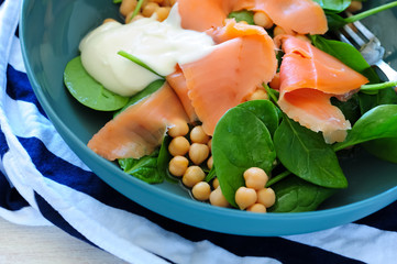 balanced meal with salmon, salad and lemon
