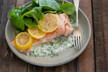 balanced meal with salmon, salad and lemon