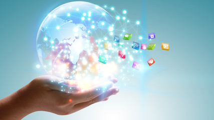 Application icons interface on hand. Social media concept