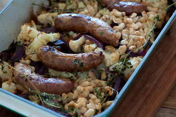 Fresh cooked meal with sausages