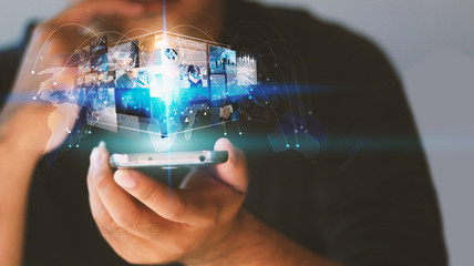 Businessman working on virtual screen.