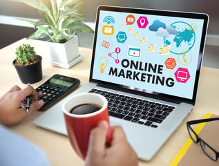 ONLINE MARKETING man on computer Advertisement Social On line Market word  Startup Marketing Online...