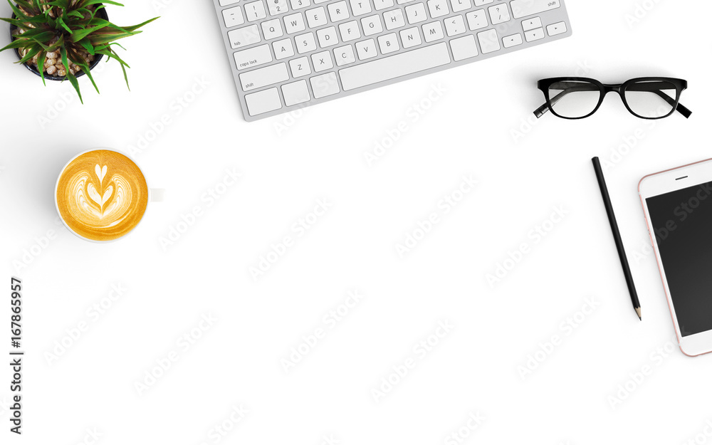 Fototapete modern workspace with coffee cup, smartphone, notebook, and keyboard copy space on white color backg