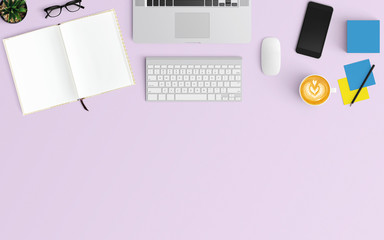 Modern workspace with coffee cup, smartphone, tablet, paper, notebook and laptop copy space on purple color background. Top view. Flat lay style.