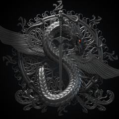 Silver ornamental sculpture of a dragon with sword in a shape of symbol of dollar currency. Ancient heraldic conceptual design. 3d rendering - 167866537