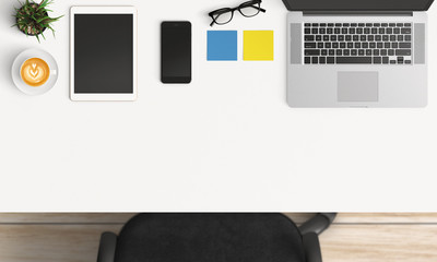 Modern workplace with laptop, coffee cup and smartphone or tablet copy space on white table background. Top view. Flat lay style.