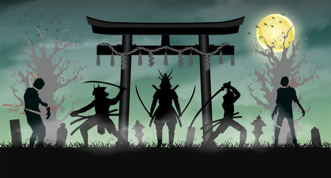 samurai attack zombie with japan style temple gate