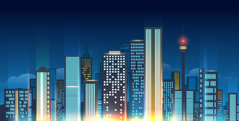 Night city skyline vector illustration. Glowing urban horizon like Beijing or Moscow