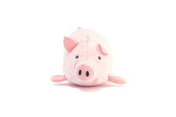 Closeup cute pink pig doll isolated on white background