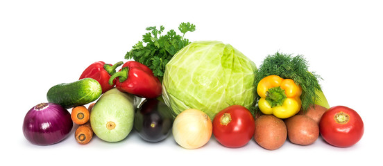 Set of fresh mixed vegetables on white background