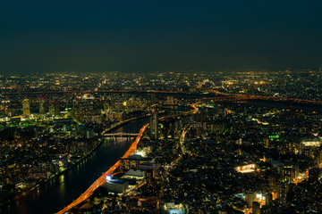 Downtown city night from top view.
