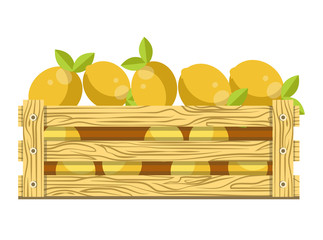 Fresh sour lemons with leaves in wooden box for sale