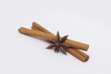 Cinnamon sticks and star anise / Still life of cinnamon sticks and star anise on white background 