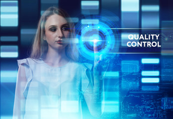 The concept of business, technology, the Internet and the network. A young entrepreneur working on a virtual screen of the future and sees the inscription: Quality control