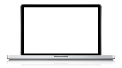 Realistic modern laptop computer with blank screen and reflected shadow isolated on white background