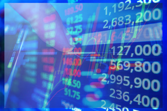 Stock market graph and ticker with blue screen for stock exchange analysis
