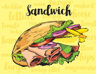 Sandwich vector image. Hand drawing. Junk food.